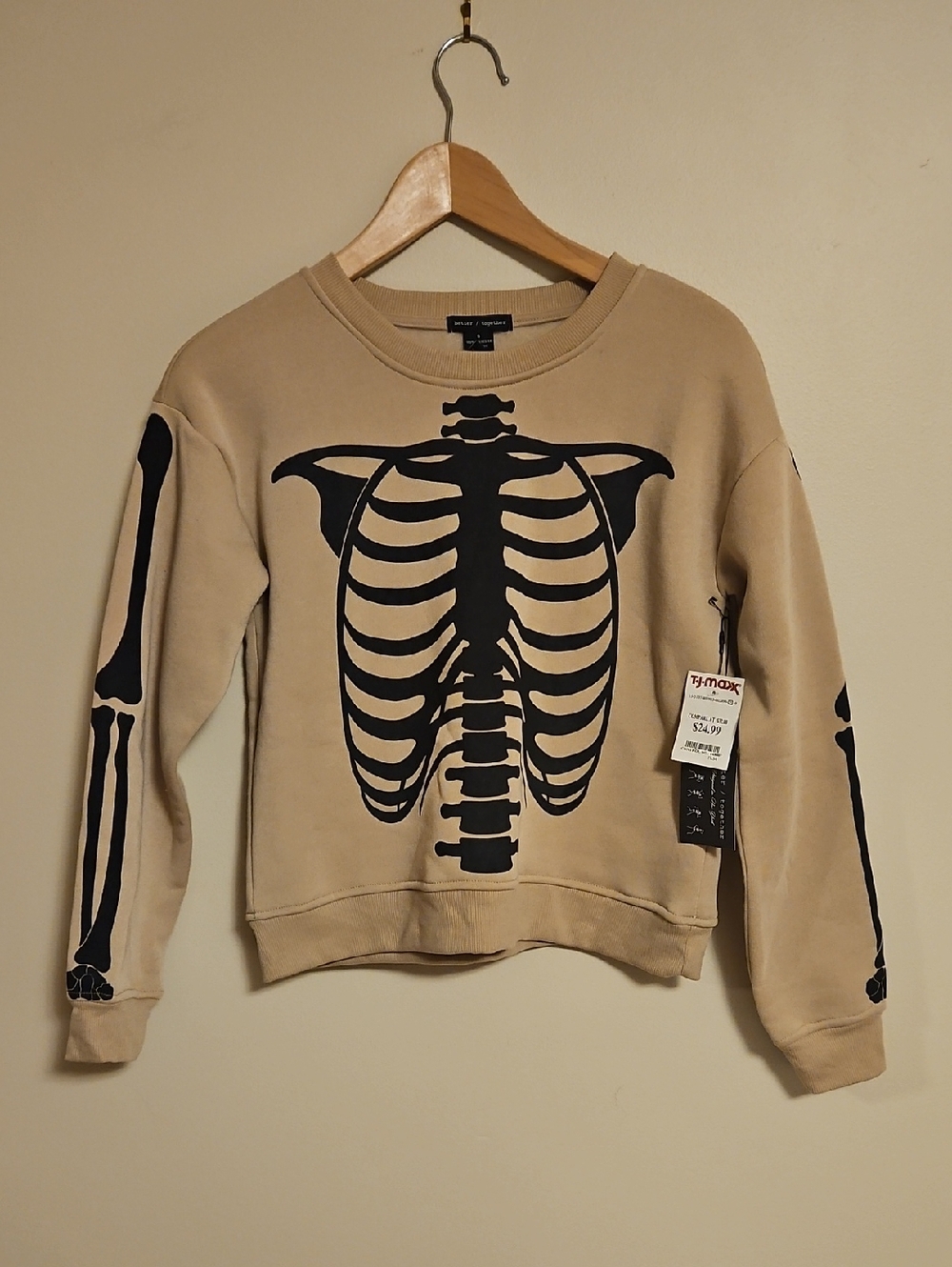 Skeletone Print Beige Crewneck Sweatshirt - Unknown Brand